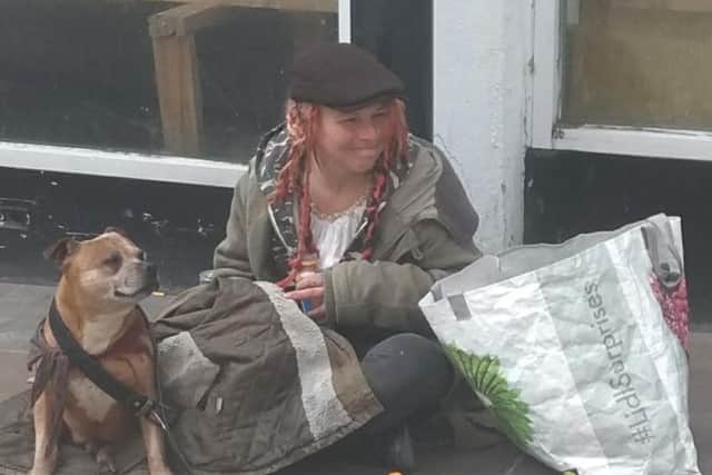 Fenton begging in Wakefield city centre with the Staffordshire Bull Terrier