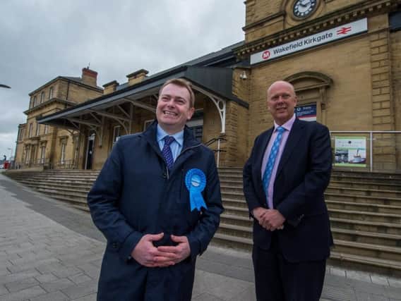 Antony Calvert, Conservative parliamentary candidate for Wakefield pictured with Chris Grayling, then Secretary of State for Transport, at Wakefield Kirkgate Station in 2017. Photo: JPI Media
