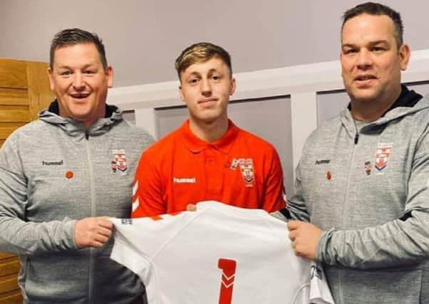 Tom Sowerby is presented with his England jersey before making a superb debut for England Lions U23s against Ireland. Pictured with him are the Lions U23 coaches Lee Roberts and Paul Couch (also the Lock Lane head coach).