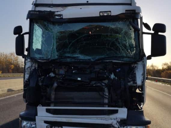 A collision between two lorries on the M62 at Normanton has led to miles of delays on the motorway this morning. Photo: West Yorkshire Police RPU