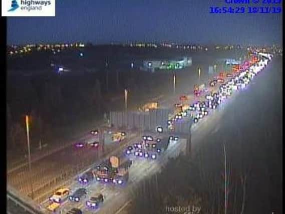Three lanes of the M62 have been closed at Wakefield this afternoon after a collision. Photo: Highways England.