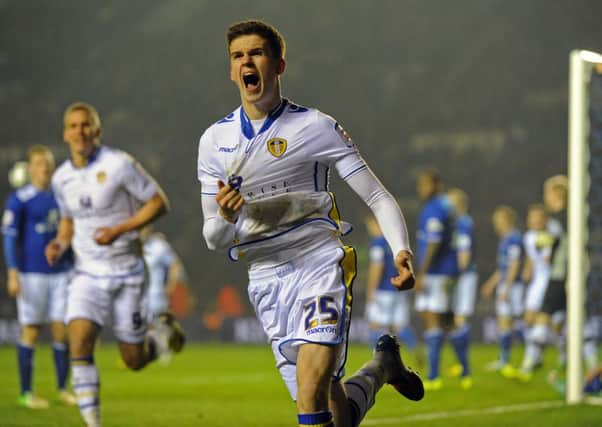 Sam Byram celebrates his goal for Leeds United at Leicester. Picture: Bruce Rollinson