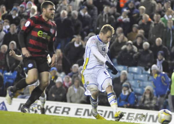 Luke Varney gets a shot in for Leeds United against Peterborough. Picture: IAN HARBER