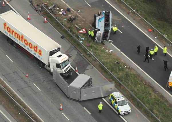 26/04/2013 Ross Parry Agency/Chris Fairweather.  
Pcture shows an aerial picture of M62 Motorway fatal crash between a lorry, minibus and car.