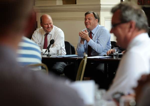 Stephen Hester and Ed Balls, MP, at a West Yorkshire IoD with Wakefield Enterprise Partnership lunchtime Q&A at Wakefield Town Hall.  12 July 2013.
Picture Bruce Rollinson