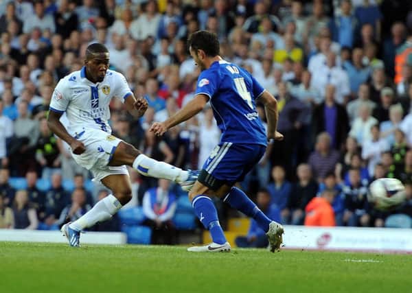 Dominic Poleon shoots home the winning goal for Leeds United against Chesterfield.