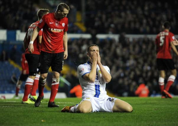 Leeds United's Matt Smith cannot believe it after missing a chance to score against Barnsley.