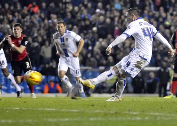 Ross McCormack scores a penalty for Leeds United against Ipswich Town. Picture: IAN HARBER