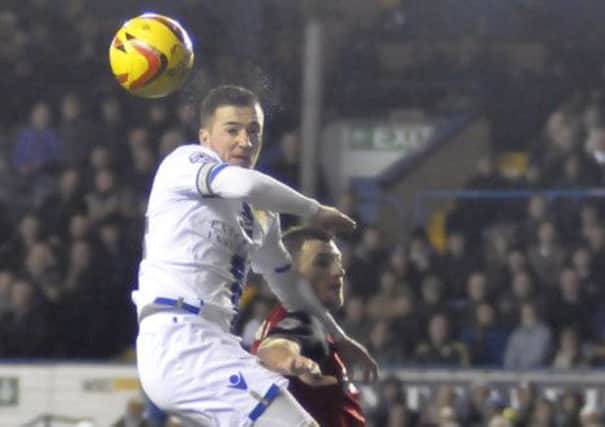 Ross McCormack gets a header in for Leeds United against Ipswich Town. Picture: IAN HARBER