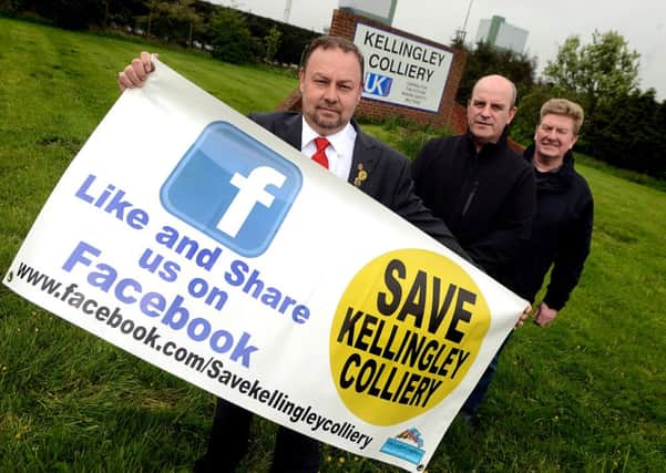 Kellingley Colliery. Nearly 80% of the workforce have voted to accept the phased closure of the mine over the next 18 months.
L to R) Chris Kitchen - General Secretary NUM, Keith Poulson - Branch Secretary Kellingley and Keith Hartshorne - Branch Delegate Kellingley.
p301a416