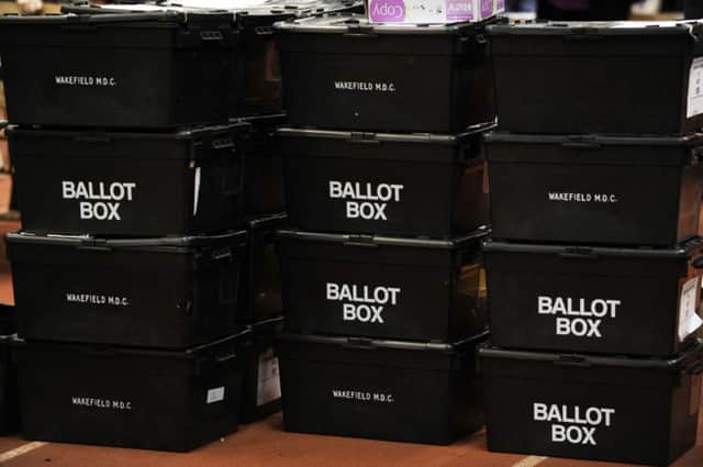 4th May 2012. District Council Elections and Mayoral Referendum vote counting at Thornes Park Athletics Stadium, Wakefield. Ballot boxes.