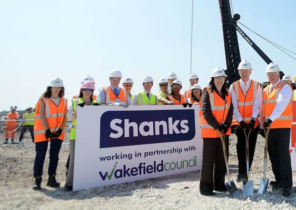 Official ground breaking at the site of the new state of the art waste treatment/management plant, that is being built on the South Kirkby Business Park. representatives from Shanks, Wakefield council and Kier are pictured with, front 3 (three) L to R) Council leader Cllr Peter Box, Chief Executive Joanne Rooney - Wakefield Authority and Mike Turner.
h323a330