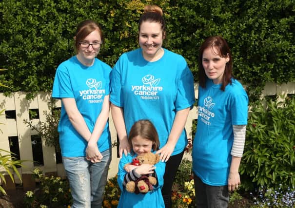 Yorkshire cancer research. From back left Susie Webb, Ellie Wood, Rachael Parkin. Front row Evie Parkin & Alex the bear