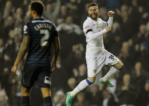 Mirco Antenucci shows his delight at scoring his second goal for Leeds United against Derby.