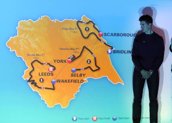 Launch of the Tour of Yorkshire Cycle Route at the Bridlington Spa..Sky Cyclist Ben Swift looks at the route on screen..SH10012039p..21st January 2015 ..Picture by Simon Hulme