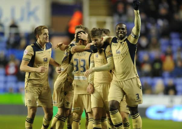 Leeds United players celebrate Luke Murphy's opening goal for Leeds United at Reading. Picture: Bruce Rollinson