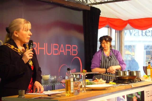 Mayor of Wakefield, Coun Sandra Pickin, introducing Rachel Green at the rhubarb festival