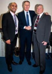 Castleford Academy headteacher George  Panayiotou, left, Sir Geoff Hurst and Castleford Town's Bill Clift.