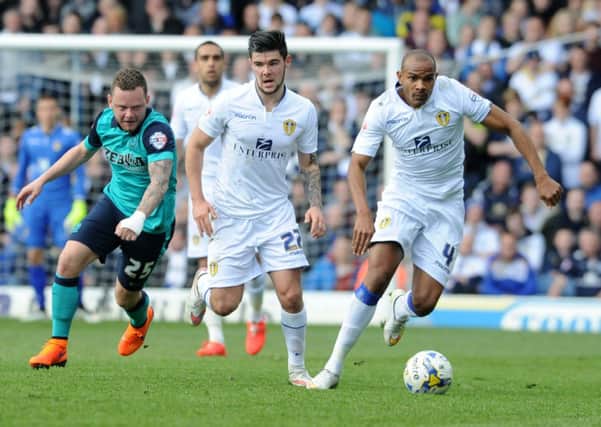 Rudy Austin breaks forward with Alex Mowatt in support before the Jamaican was sent-off for Leeds United against Blackburn Rovers.  Picture: Bruce Rollinson