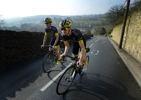 Brothers Joe and Tom Moses, from Oakworth,  who both ride for JLT Condor, one of the British Pro Teams taking part in the inaugural Tour de Yorkshire ride out of Goose Eye, Keighley,  which on the route of the final stage from Wakefield to Leeds finishing at Roundhay Park.  9 April 2015.  Picture Bruce Rollinson