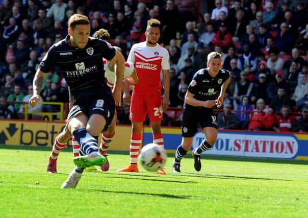 Leeds United's Billy Sharp takes a penalty, which is about to be saved in a key moment at Charlton. Picture: James Hardisty