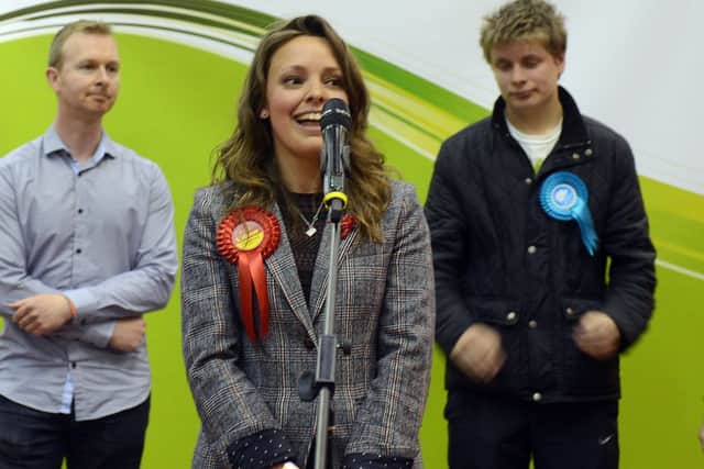 Newspaper: Express & Reporter Series.
Story: 2015 Local election count, Thornes Park Stadium, Wakefield, West Yorkshire.
Jo Hepworth (Labour) during her winning speach.
Photo Date: 08/05/15
Photo Ref: AB027d0515