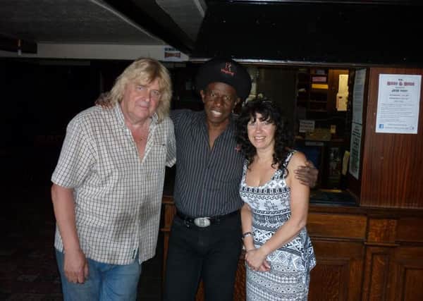 Les Thompson, Eddy Grant and Lynn Flanagan at the Boot and Shoe pub  in Ackworth.