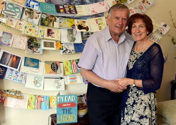 Newspaper: Wakefield Express.
Story: Jeff Firth pictured with his wife, Sue, from Horbury Bridge.
Former scout leader and businessman, Jeff has received hundreds of birthday cards for his 80th birthday after Facebook page/appeal was set up after he was diagnosed with Dementia.
Photo Date: 11/06/15
Picture Ref: AB071a0615