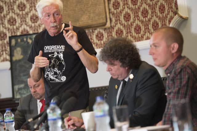 Granville Wiiliams makes his point why the fight for justice should go on at the Press conference held at the NUM headquarters in Barnsley after the IPCC announcement that there would be no public inquiry into the events at Orgreave during the miners strike
Picture Dean Atkins