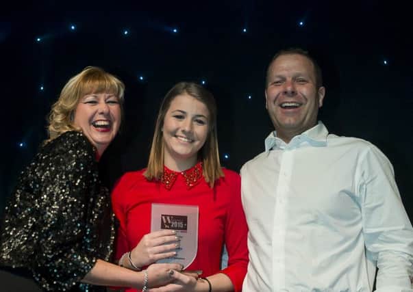 Picture by Allan McKenzie/YWNG - 160515 - Press - Wakefield Business Awards 2015 - Unity Works, Wakefield, England - The Food Retailer Award is presented to Allums of Yorkshire by Wakefield Council's Elizabeth Kay.