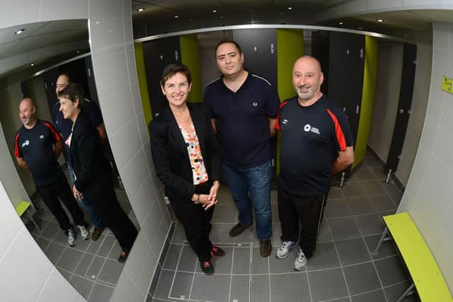 Newspaper: Wakefield Express.
Story: MP Mary Creagh officially opening the new changing rooms at Wakefield Squash Club paid for by the National Lottery.
L to R) Mary Creagh MP, Martin Mason - Chair of club and Alan Johnson - Buildings officer.
Photo date: 09/07/15
Picture Ref: AB120b0715