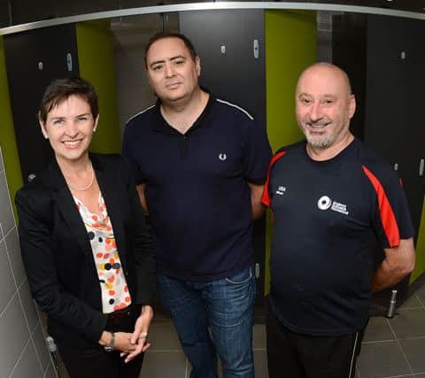Newspaper: Wakefield Express.
Story: MP Mary Creagh officially opening the new changing rooms at Wakefield Squash Club paid for by the National Lottery.
L to R) Mary Creagh MP, Martin Mason - Chair of club and Alan Johnson - Buildings officer.
Photo date: 09/07/15
Picture Ref: AB120c0715