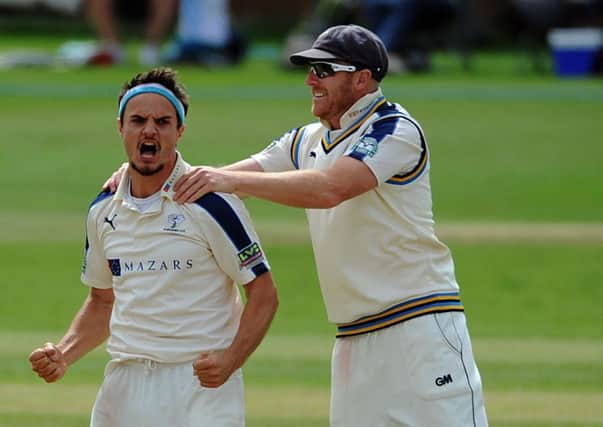 Yorkshires Jack Brooks, left, and Andrew Gale celebrate the wicket of Tom Fell, caught by England-bound Jonny Bairstow (Picture: Dave Williams/cricketphotos.co.uk).