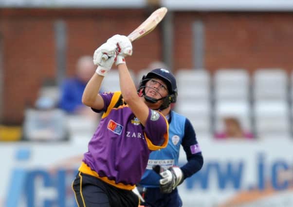 Gary Ballance, who top scored with 69 for Yorkshire against Derbyshire, hits a mighty six (Picture: Steve Riding).