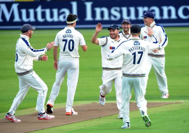 Yorkshire's players celebrate another Somerset wicket at Headingley. 
Picture: Jonathan Gawthorpe.