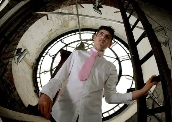 Newspaper: Wakefield Express.
Story: Jemaine Firth, a teenage with the rare condition Schizencephaly, pictured during his dream trip and VIP tour of inside the town hall clock in Wakefield.
Photo date: 08/09/15
Picture Ref: AB205b0915
