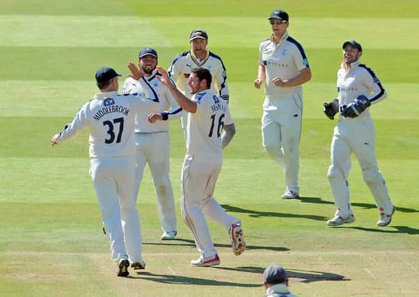 Yorkshire's Tim Bresnan celebrates taking the wicket of Sam Robson. Picture: Tony Johnson.