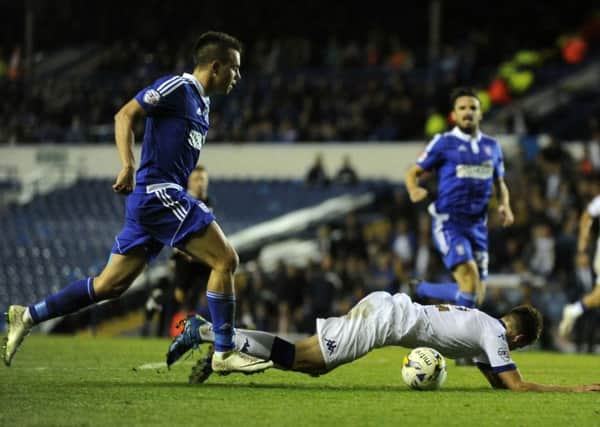 Sam Byram goes down in the area, but fails to win a penalty for Leeds United against Ipswich. Picture: Bruce Rollinson