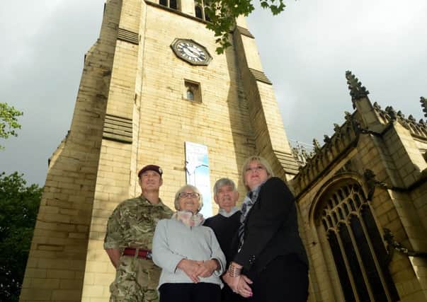 Newspaper: Wakefield Express.
Story: Seventy one year old Marta Smith will be abseiling down the clock tower of Wakefield cathedral to raise money towards Project 2015 - which aims to renovate the east end and crypt area of the cathedral.
Marta is pictured with David Bellamy - 299 Parachute Squadron Royal Engineers, Terry Rigg - cathedral fundraising executive and Elizabeth Kay - Wakefield council's retail manager.
Photo date: 24/09/15
Picture Ref: AB228a0915