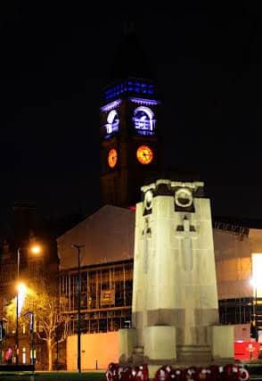 Wakefield Town Hall clock tower lit up in red,white and blue after the Paris terrorist attacks.