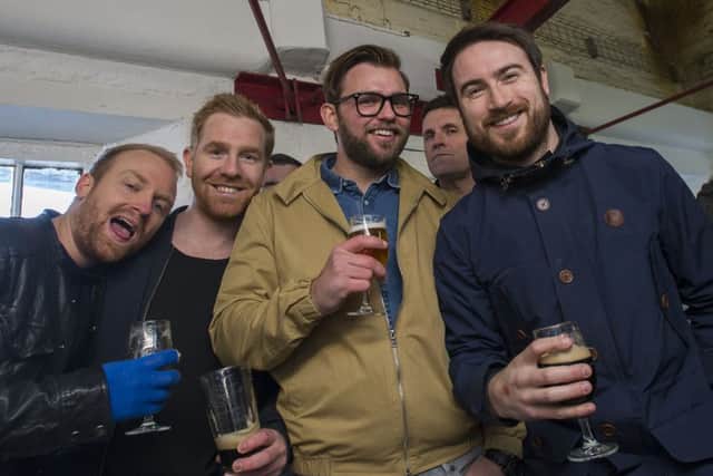 Picture by Allan McKenzie/YWNG - 21/11/15 - Press - Castleford Beer Festival, Queens Mill, Castleford, England - Luke Morgan, Lee Morris, Richard Hewitt & Steve Gatley with their drinks at the Castleford Beer Festival.