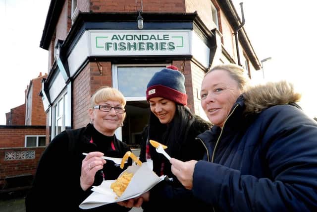 Date:25th November 2015. Picture James Hardisty. 
Avondale Fisheries, Avondale Street, Wakefield, are opening on Christmas Day and giving away free Fish & Chips to the homeless. Pictured (left to right) Theresa Race, Dominika Noglik, and Anglea Blair.