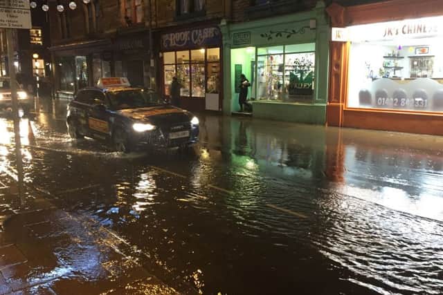 Flooding in Market Street, Hebden Bridge this evening.