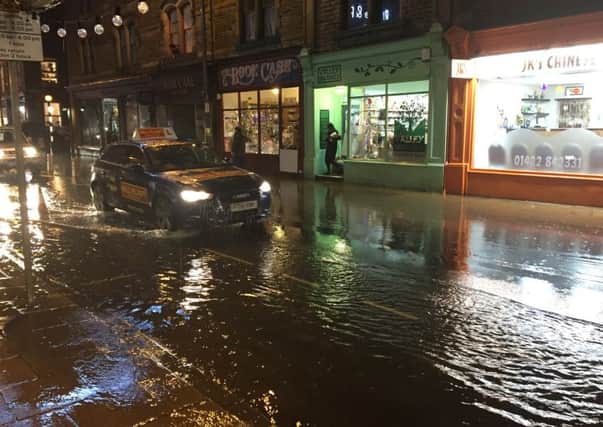 Flooding in Market Street, Hebden Bridge this evening.