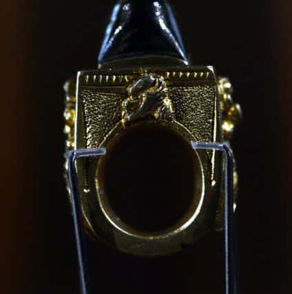 Newspaper: Wakefield Express.Story:  A collection of rare rings once owned by Edmund Waterton has been returned to the city 144 years after being pawned.Pictured: Close up of one of the rings on display at the museum.Photo date: 16/12/15Picture Ref: AB572b1215