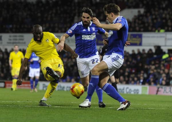 Souleymayne Doukara shoots home Leeds United's goal at Ipswich. Picture: Bruce Rollinson
