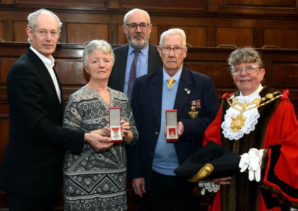 Newspaper: Wakefield Express.
Story: Legion of Honour medals ceremony held at Wakefield town hall.
L to R) Council leader Cllr. Peter Box, Rita Boffey - daughter of Mr. Percy Boffey, Jon Trickett MP, Albert Robilliard, June Cliffe - Mayor of Wakefield.
Photo date: 15/01/16
Picture Ref: AB014a0116