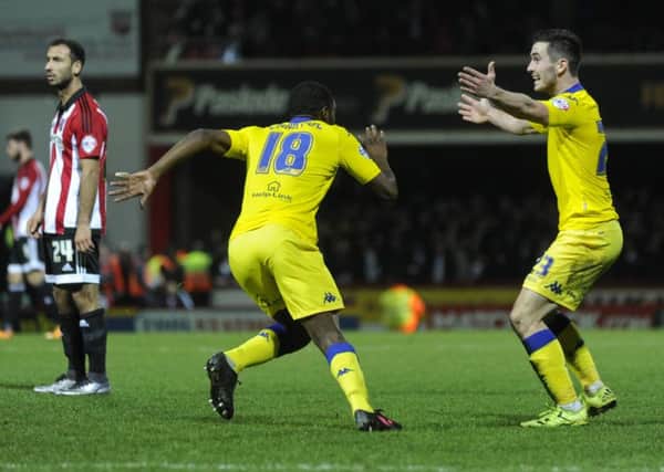 Mustapha Carayol celebrates his goal for Leeds United against Brentford with Lewis Cook. Picture: Bruce Rollinson