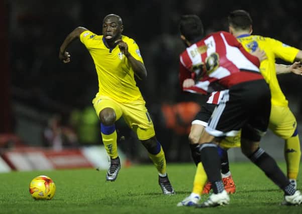 Souleymane Doukara breaks forward for Leeds United at Brentford. Picture: Bruce Rollinson