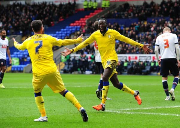 Toumani Diagouraga celebrates his first goal for Leeds United at Bolton. Picture: Jonathan Gawthorpe